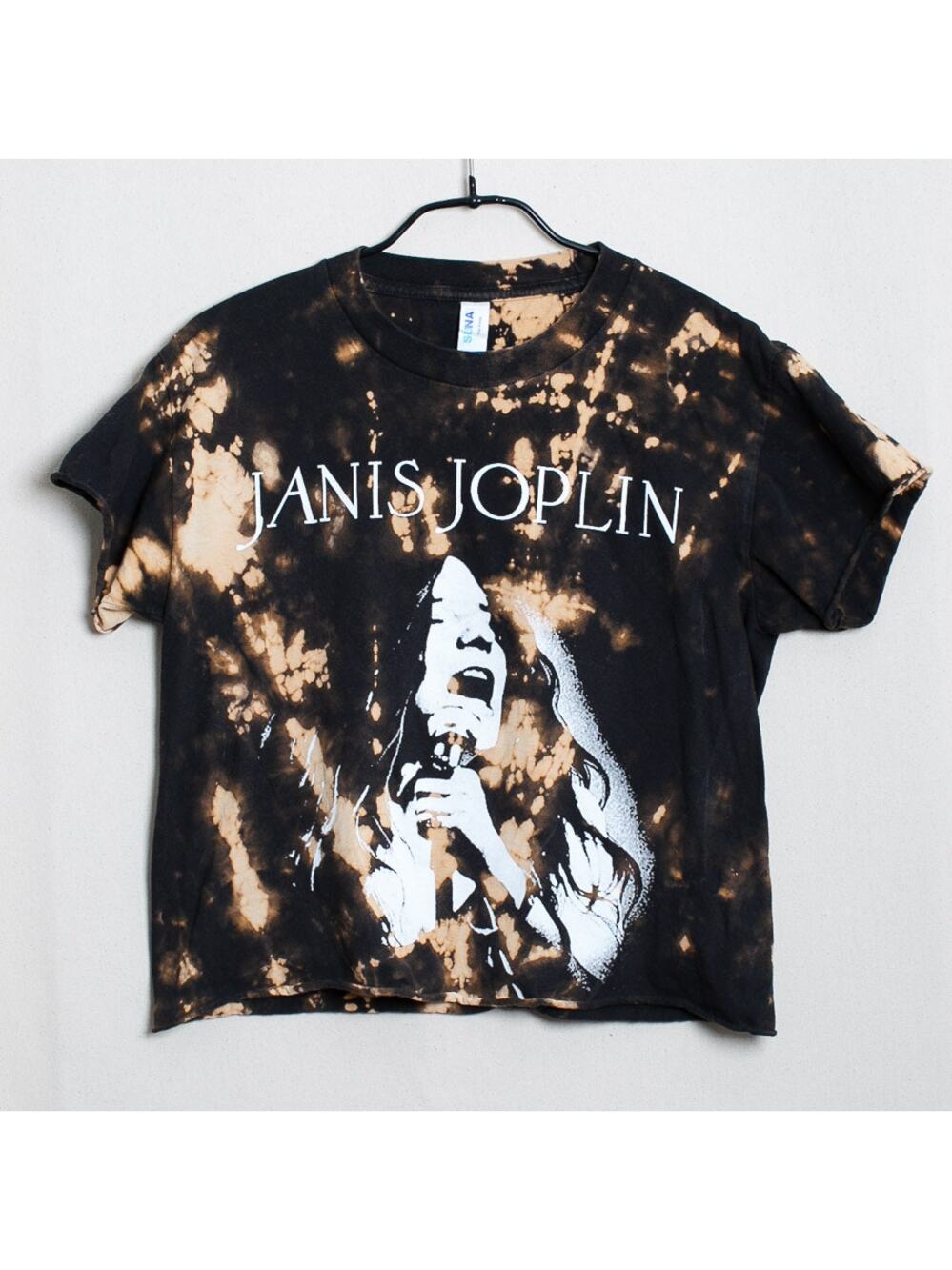 Janis Joplin Hand Bleached Acid Wash Graphic Tee Black Tan Cropped S/M Grunge